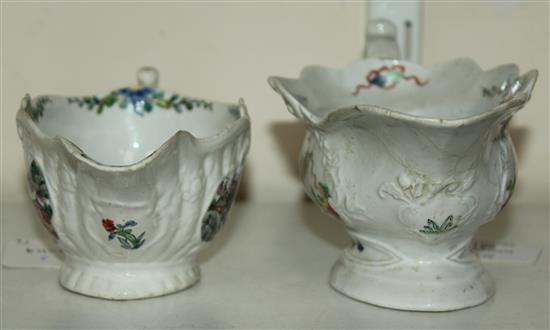 Two early Worcester polychrome sauceboats, c.1753-5, 7in. & 7.5in., repairs